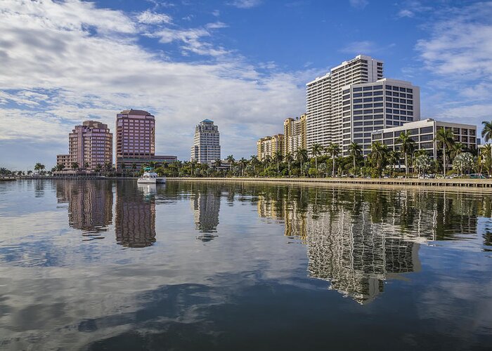 Boats Greeting Card featuring the photograph Reflections of West Palm Beach by Debra and Dave Vanderlaan