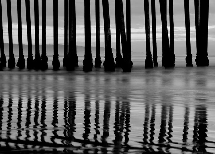 Sunset Greeting Card featuring the photograph Reflections Under the Pier - Pismo Beach California BW by Gregory Ballos