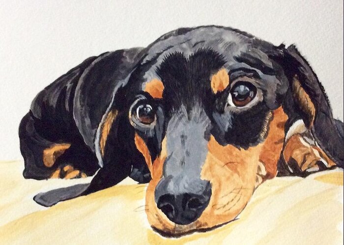 Dachshund Greeting Card featuring the painting Please Come Home by Sonja Jones
