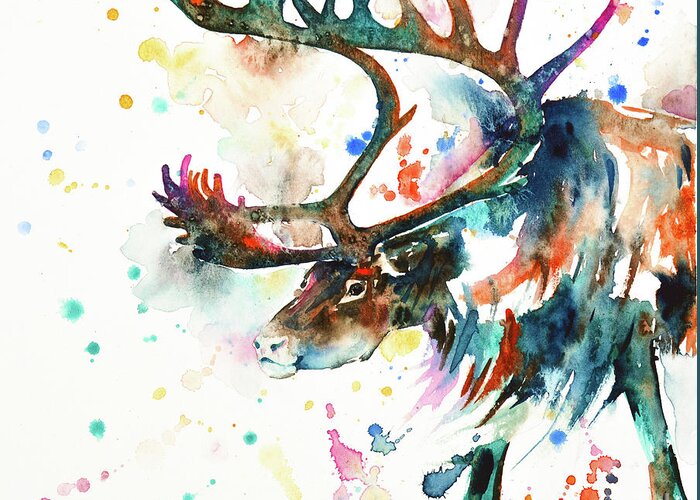 Reindeer Greeting Card featuring the painting Reindeer by Zaira Dzhaubaeva