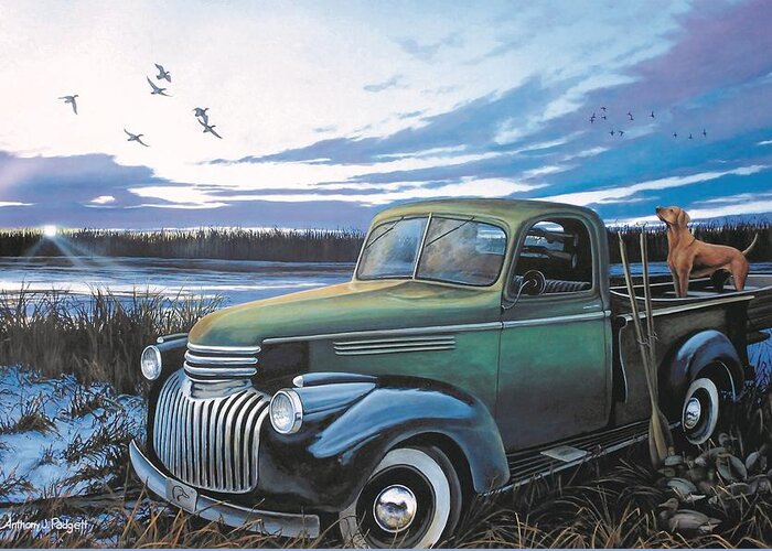Old Truck Greeting Card featuring the painting Remembering the Old Days by Anthony J Padgett