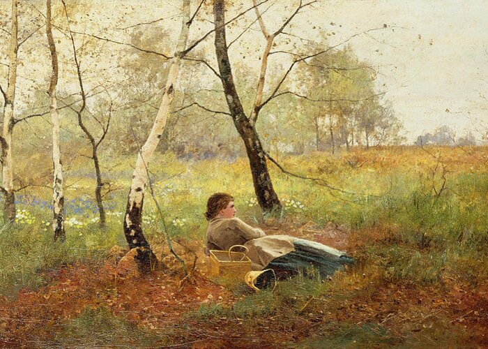Resting (oil On Canvas) By Benjamin D. Sigmund (fl.1880-1904) Greeting Card featuring the painting Resting by Benjamin Sigmund 