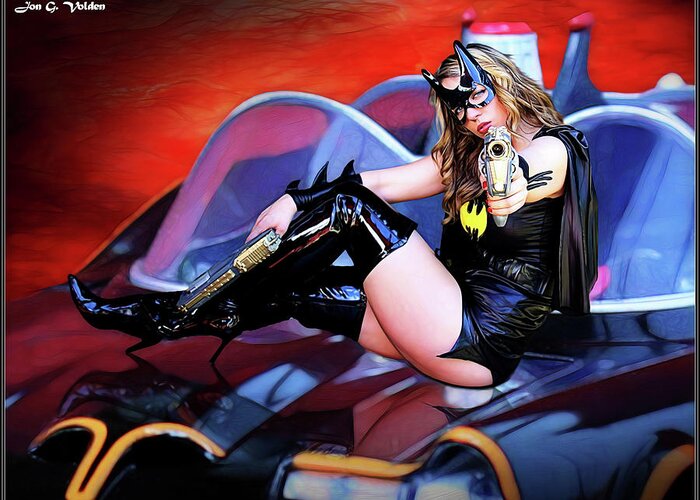 Bat Greeting Card featuring the photograph Retro Bat Woman On Car by Jon Volden