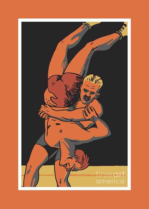  Retro Greeting Card featuring the drawing Retro freestyle Olympic wrestling by Heidi De Leeuw