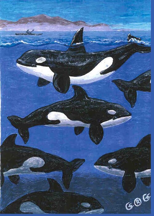 Orcas Greeting Card featuring the painting Return of the Whale by George I Perez