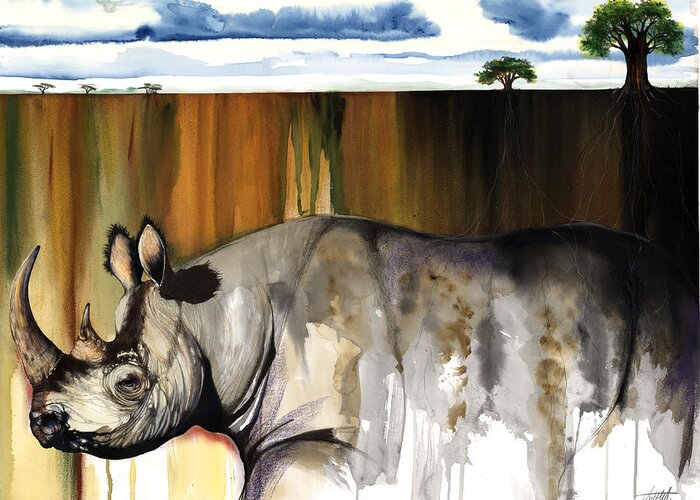 Rhino Greeting Card featuring the mixed media Rhino I rooted ground by Anthony Burks Sr