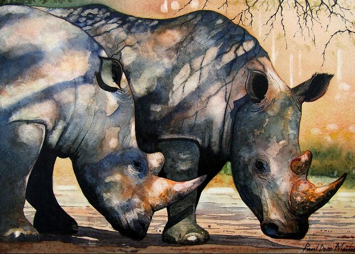 Rhino Greeting Card featuring the painting Rhinos in dappled shade. by Paul Dene Marlor
