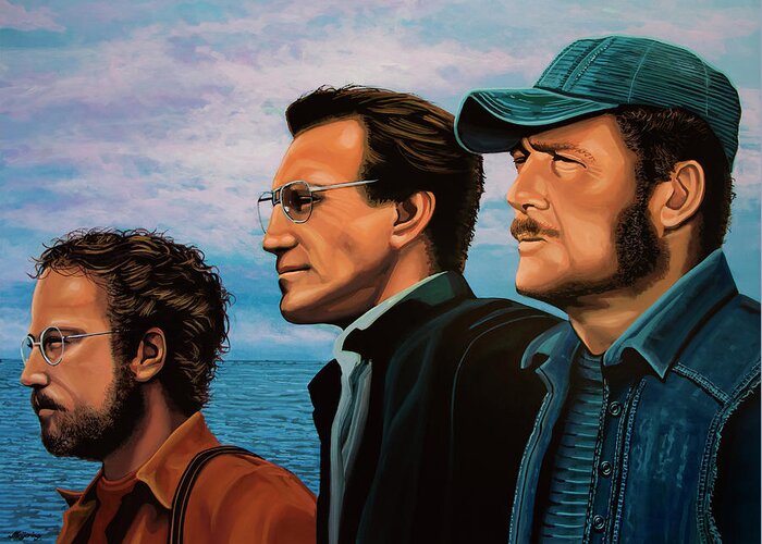 Jaws Greeting Card featuring the painting Jaws with Richard Dreyfuss, Roy Scheider and Robert Shaw by Paul Meijering