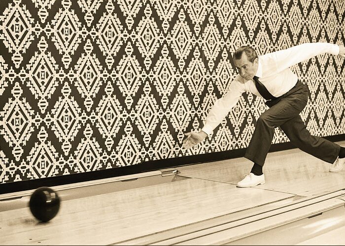 Richard Greeting Card featuring the photograph Richard Nixon Bowling by Bill Cannon