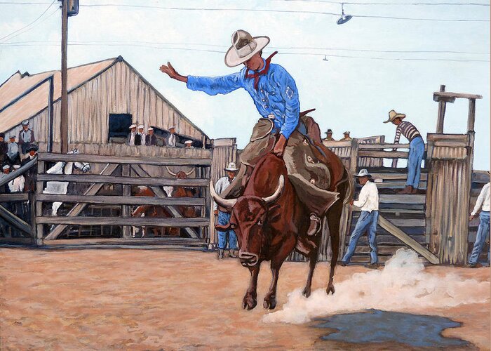 Bull Greeting Card featuring the painting Ride 'em Cowboy by Tom Roderick