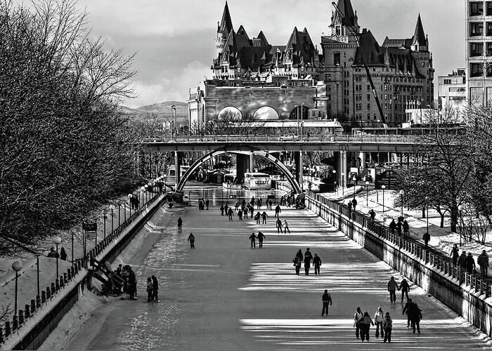 Rideau Canal Greeting Card featuring the photograph Rideau Canal is open for skating BW by Tatiana Travelways