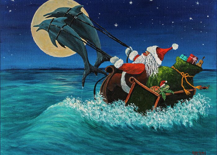 Santa Greeting Card featuring the painting Riding The Waves With Santa by Darice Machel McGuire