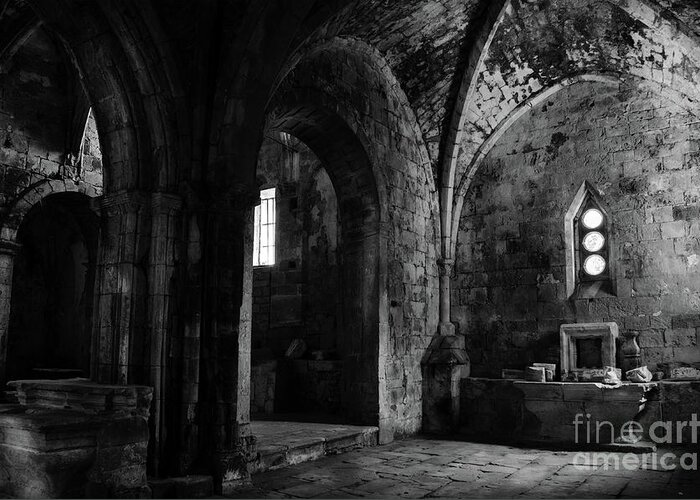 Burgos Greeting Card featuring the photograph Rioseco Abandoned Abbey Chapels BW by RicardMN Photography