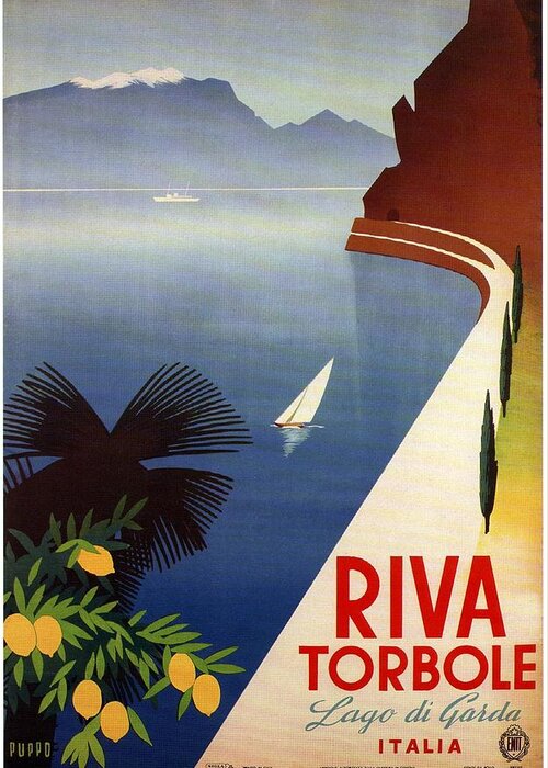 Riva Torbole Greeting Card featuring the painting Riva Torbole - View of the Lake Garda in Italy - Illustrated Vintage Poster by Studio Grafiikka