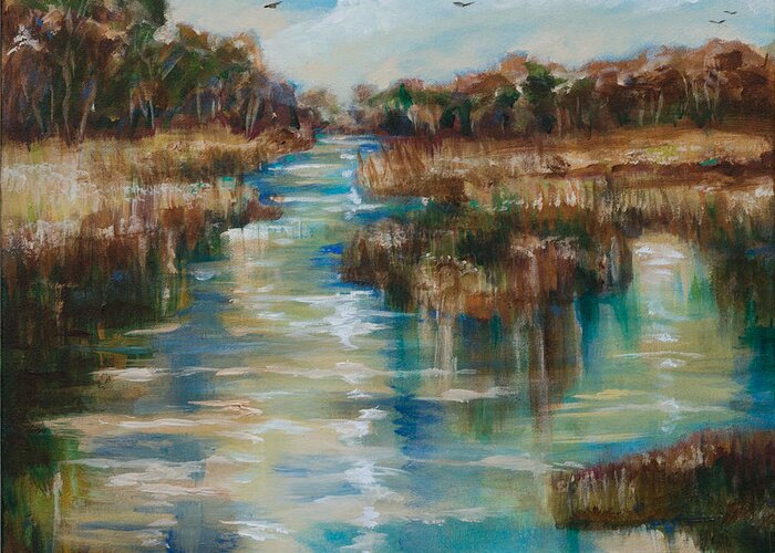 Marsh Greeting Card featuring the painting River Reflection by Linda Olsen
