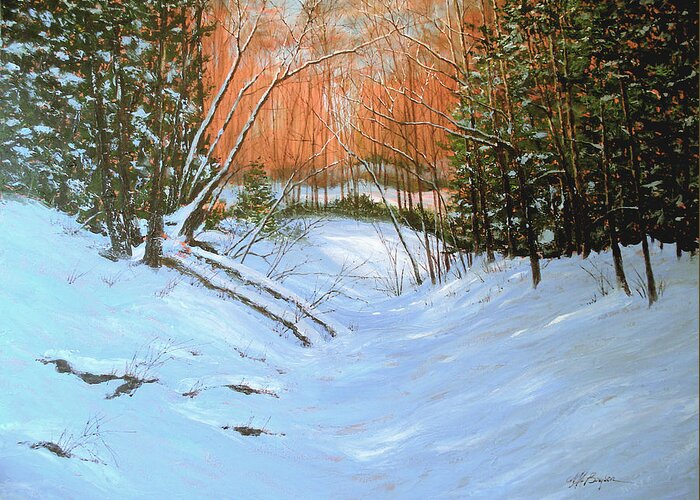Winter Scene Greeting Card featuring the painting River Road Winter by Maryann Boysen