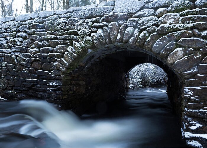 Moore State Park Paxton Ma Massachusetts Winter Snow Ice Icey Snowy Outside Outdoors Nature Natural New England Newengland Usa U.s.a. Forest Woods Secluded River Stream Water Fall Falls Waterfall Rocks Rocky Trees Brian Hale Brianhalephoto Long Exposure Longexposure Stonewall Stone Wall Bridge Stream River Brook Stone Wall Stonewall Stonebridge Tunnel Snowing Greeting Card featuring the photograph River Tunnel by Brian Hale