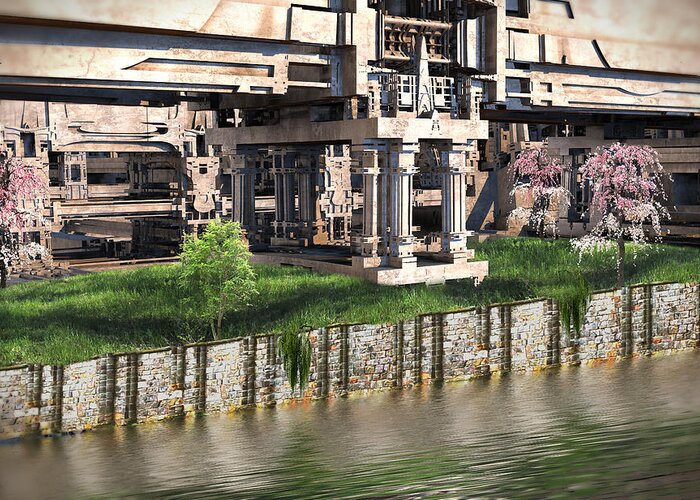 Sciencefiction Scifi Fantasy Grunge Dystopian Architecture Building Fractal Water Lake Steampunk Fractalart Mandelbulb3d Mandelbulb Greeting Card featuring the digital art Riverside Pavilion by Hal Tenny