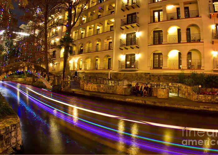 Riverwalk La Mansion Del Rio Christmas By Michael Tidwell Photography Greeting Card featuring the photograph La Mansion del Rio Riverwalk Christmas by Michael Tidwell