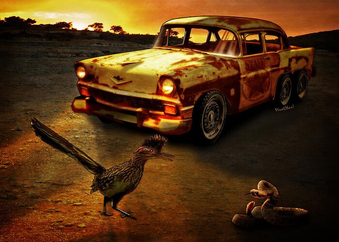 Roadrunner Greeting Card featuring the photograph Roadrunner The Snake and The 56 Chevy Rat Rod by Chas Sinklier