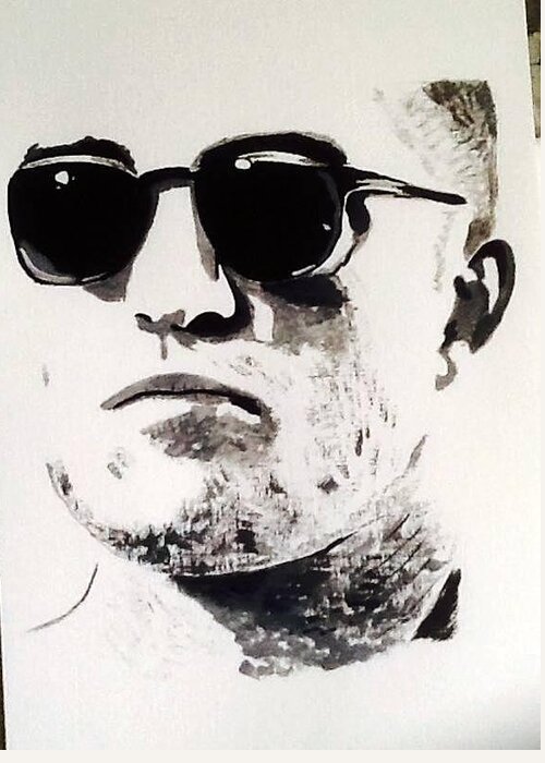 Robert Pattinson Famous Faces Actor Movies Filmstar Black And White Painting Acrylic Greeting Card featuring the painting Robert Pattinson 313 by Audrey Pollitt