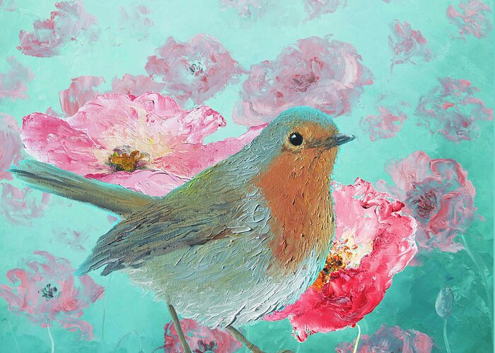 Robin Bird Greeting Card featuring the painting Robin in a field of poppies by Jan Matson