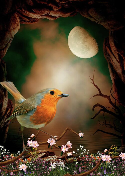 Robin In The Moonlight Greeting Card featuring the digital art Robin in the moonlight by John Junek