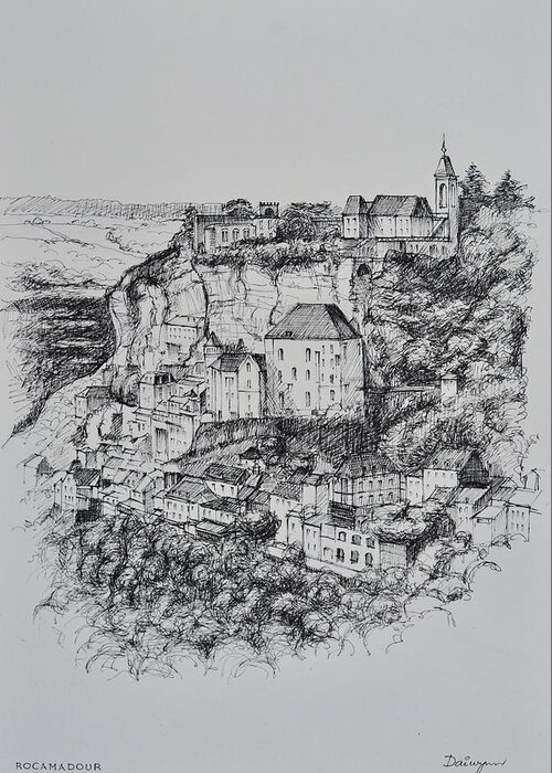 France Greeting Card featuring the drawing Rocamadour South Central France by Dai Wynn