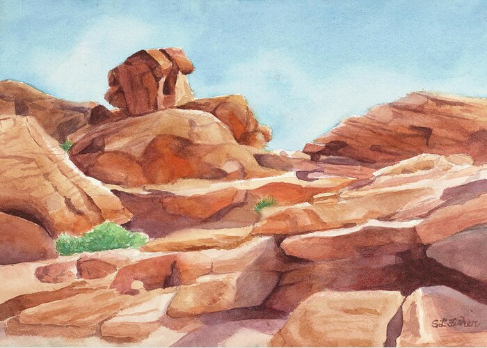 Red Rocks Greeting Card featuring the painting Rock Away by Sandy Fisher