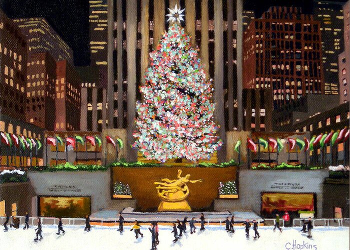 Christine Hopkins Greeting Card featuring the painting Rockefeller Center - New York City by Christine Hopkins