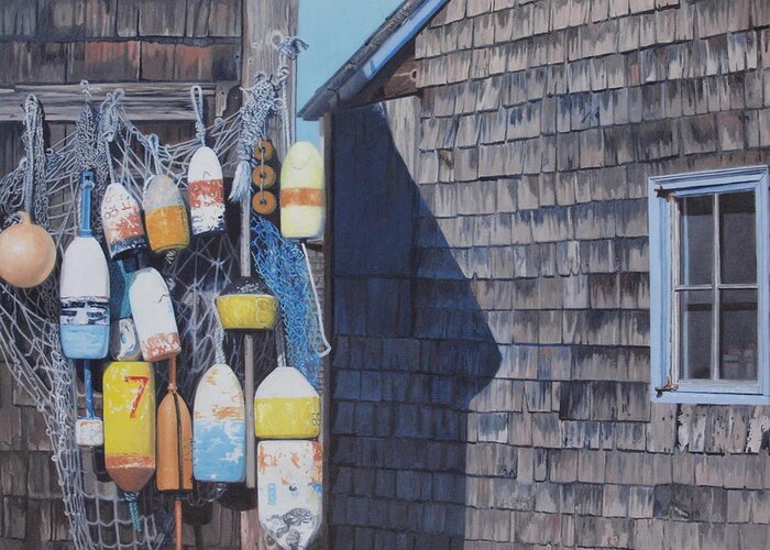 Lobster Greeting Card featuring the painting Rockport fishing shack with lobster-buoys and nets by Barbara Barber