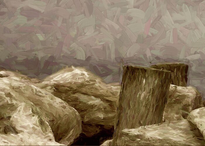 Coast Greeting Card featuring the digital art Rocks and Pilings by Scott Carlton