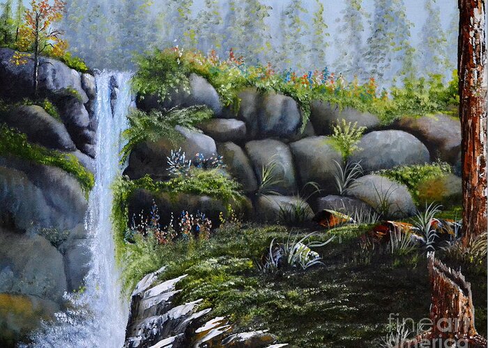 A Waterfalls In The Woods With Large Boulders Greeting Card featuring the painting Rocky Falls by Martin Schmidt