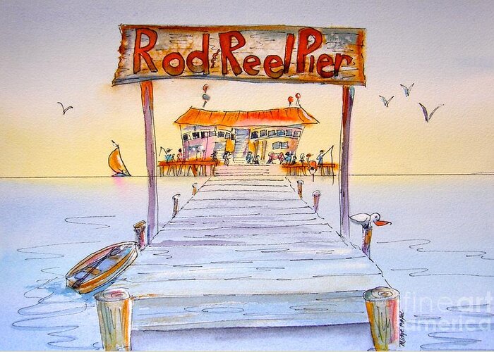 Calendar Greeting Card featuring the painting Rod And Reel Pier by Midge Pippel
