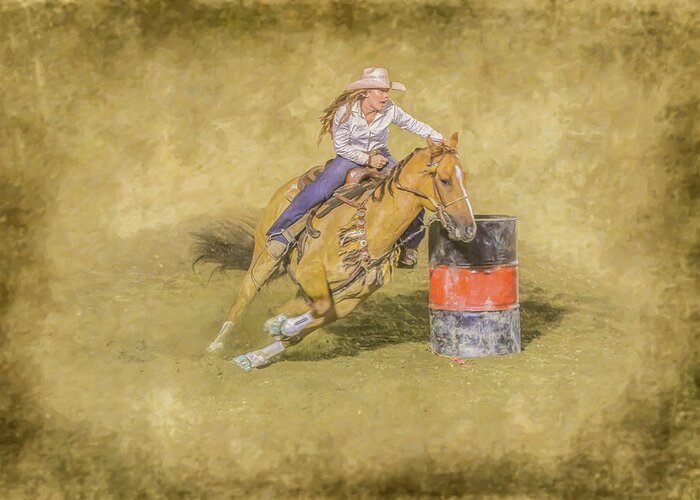 Rodeo Barrel Racing Greeting Card featuring the digital art Rodeo Barrel Racing by Randy Steele