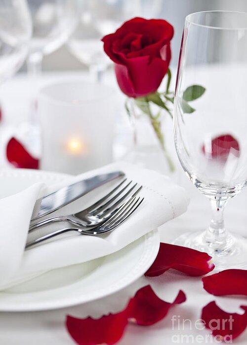 Romantic Greeting Card featuring the photograph Romantic dinner setting with rose petals 2 by Elena Elisseeva