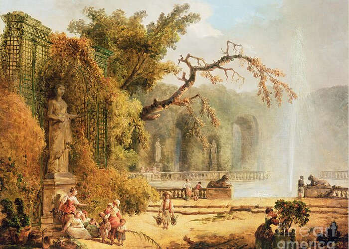 Romantic Greeting Card featuring the painting Romantic garden scene by Hubert Robert