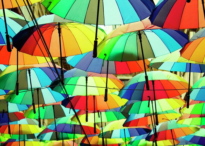 Umbrellas Greeting Card featuring the photograph Roof Made From Colorful Umbrellas by Vlad Baciu