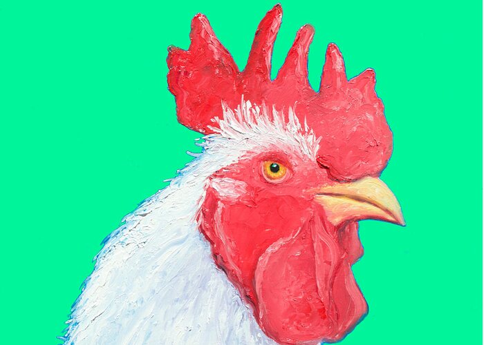 Rooster Greeting Card featuring the painting Rooster Art on green background by Jan Matson