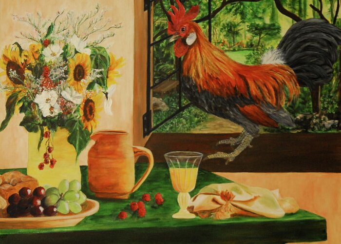 Still Life Greeting Card featuring the painting Rooster at my window by Bonnie Peacher