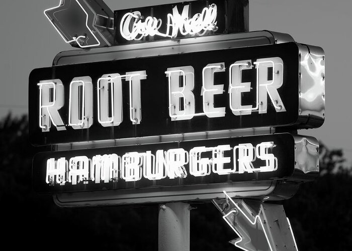 Neon Sign Greeting Card featuring the photograph Root Beer Neon B W 053118 by Rospotte Photography