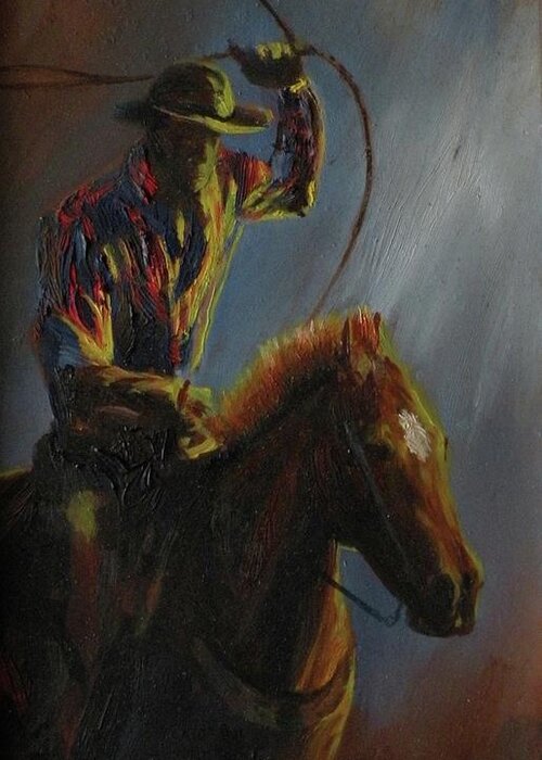Cowboys Greeting Card featuring the painting Roping the Wind by Mia DeLode