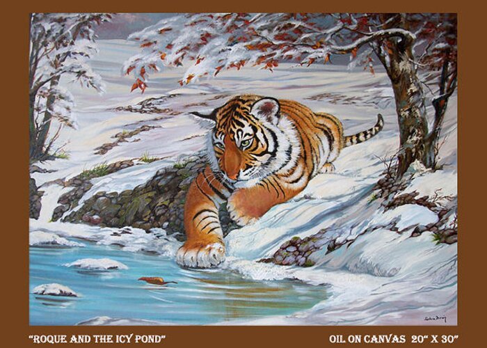 Tiger Cub Greeting Card featuring the painting Roque and the Icy Pond by Silvia Duran