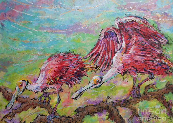 The Roseate Spoonbill Greeting Card featuring the painting Roseate Spoonbills by Jyotika Shroff