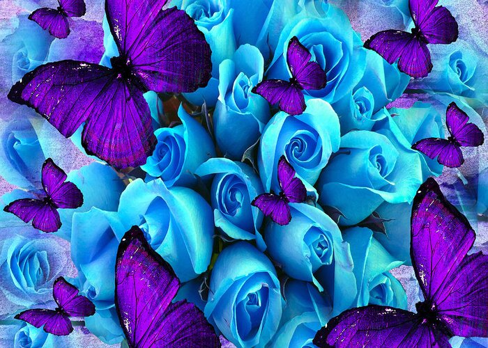 Roses Greeting Card featuring the painting Roses And Purple Butterflies by Saundra Myles
