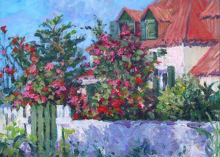Island Cottage With White Fence Greeting Card featuring the painting Rose's Cottage by L Diane Johnson