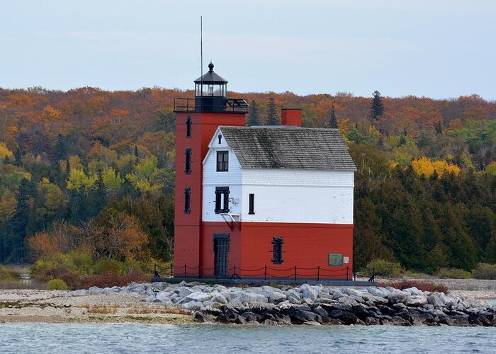 Lighthouse Greeting Card featuring the photograph Round Island Lighthouse in October by Keith Stokes