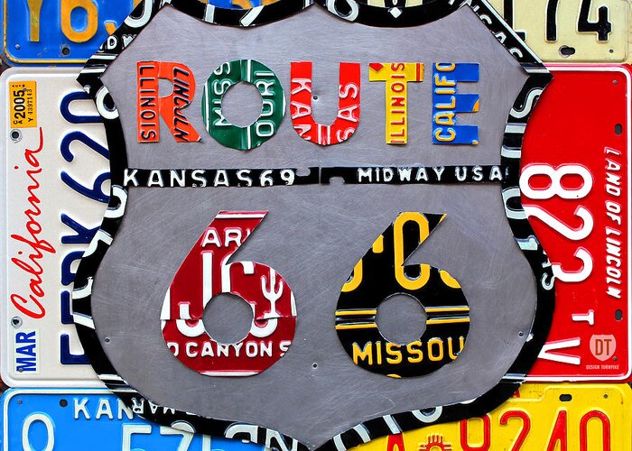 Route 66 Highway Road Sign License Plate Art Travel License Plate Map Greeting Card featuring the mixed media Route 66 Highway Road Sign License Plate Art by Design Turnpike