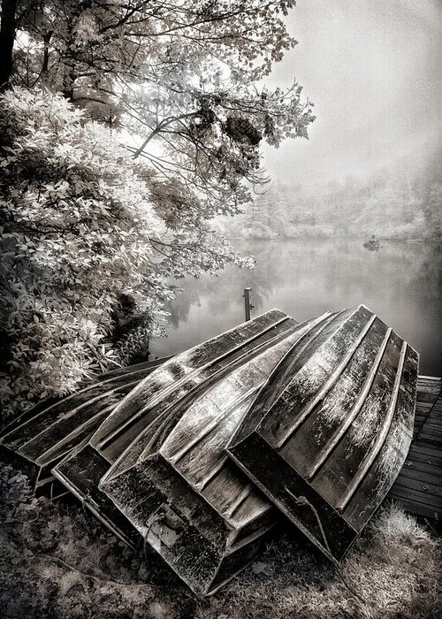 Blue Ridge Parkway Greeting Card featuring the photograph Row Boats on Blue Ridge Parkway Price Lake BW FX by Dan Carmichael