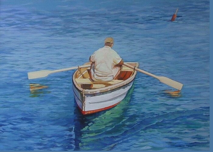 Row Boat Greeting Card featuring the painting Rowing by Michael McDougall